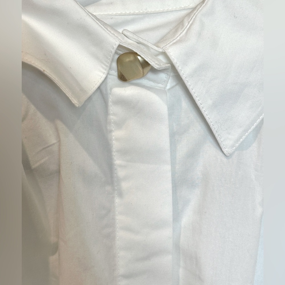 NWOT. Aje shirt with puff sleeves, collared neck, gold tone button. Never worn. - Picture 7 of 8